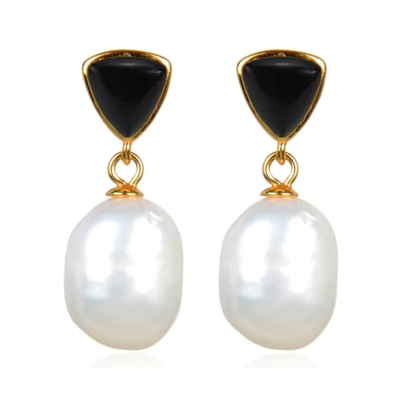 Gold Over Sterling Silver Freshwater Pearl and Black Onyx Dangle Earrings sold by Zulily