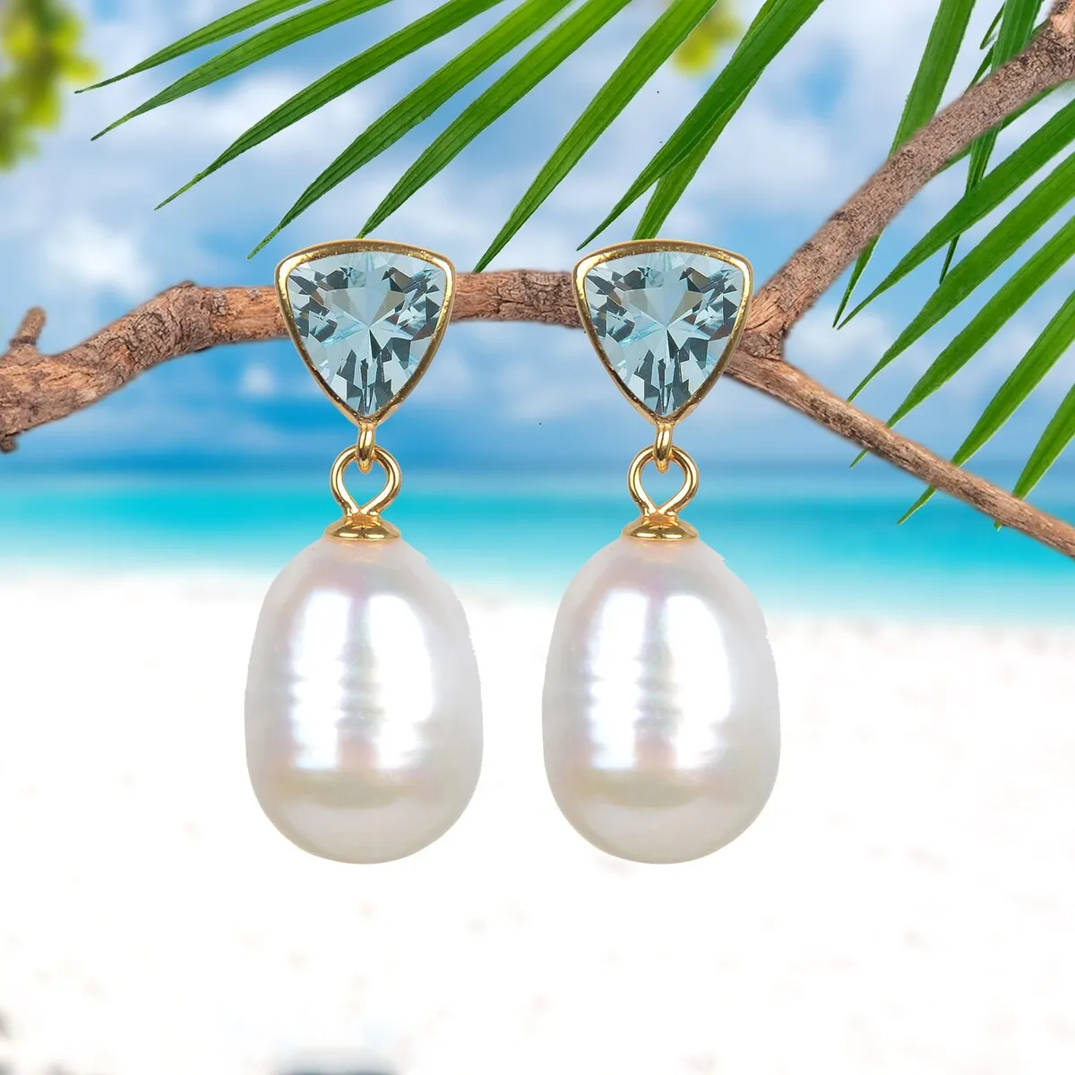 Natural Aquamarine and Freshwater Pearl Gold Over Sterling Silver Dangle Earrings sold by Zulily