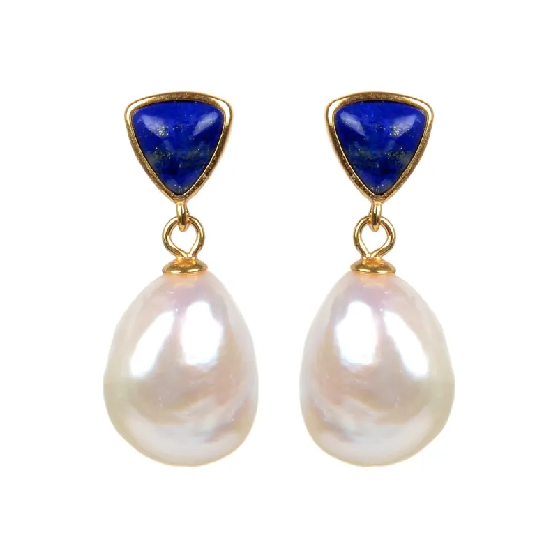 Gold Over Sterling Silver Freshwater Pearl and Lapis Dangle Earrings sold by Zulily