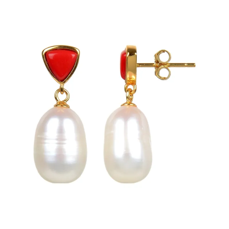 Gold Over Sterling Silver Freshwater Pearl and Coral Dangle Earrings sold by Zulily