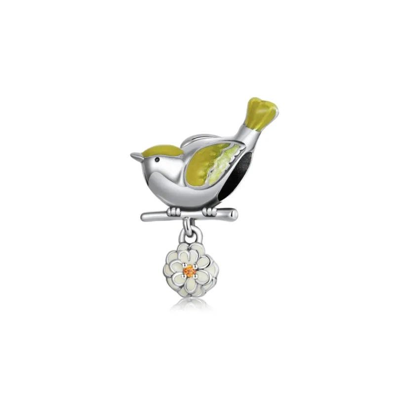 Sterling Silver White Floral Green Bird Dangle Charm Bead sold by Zulily