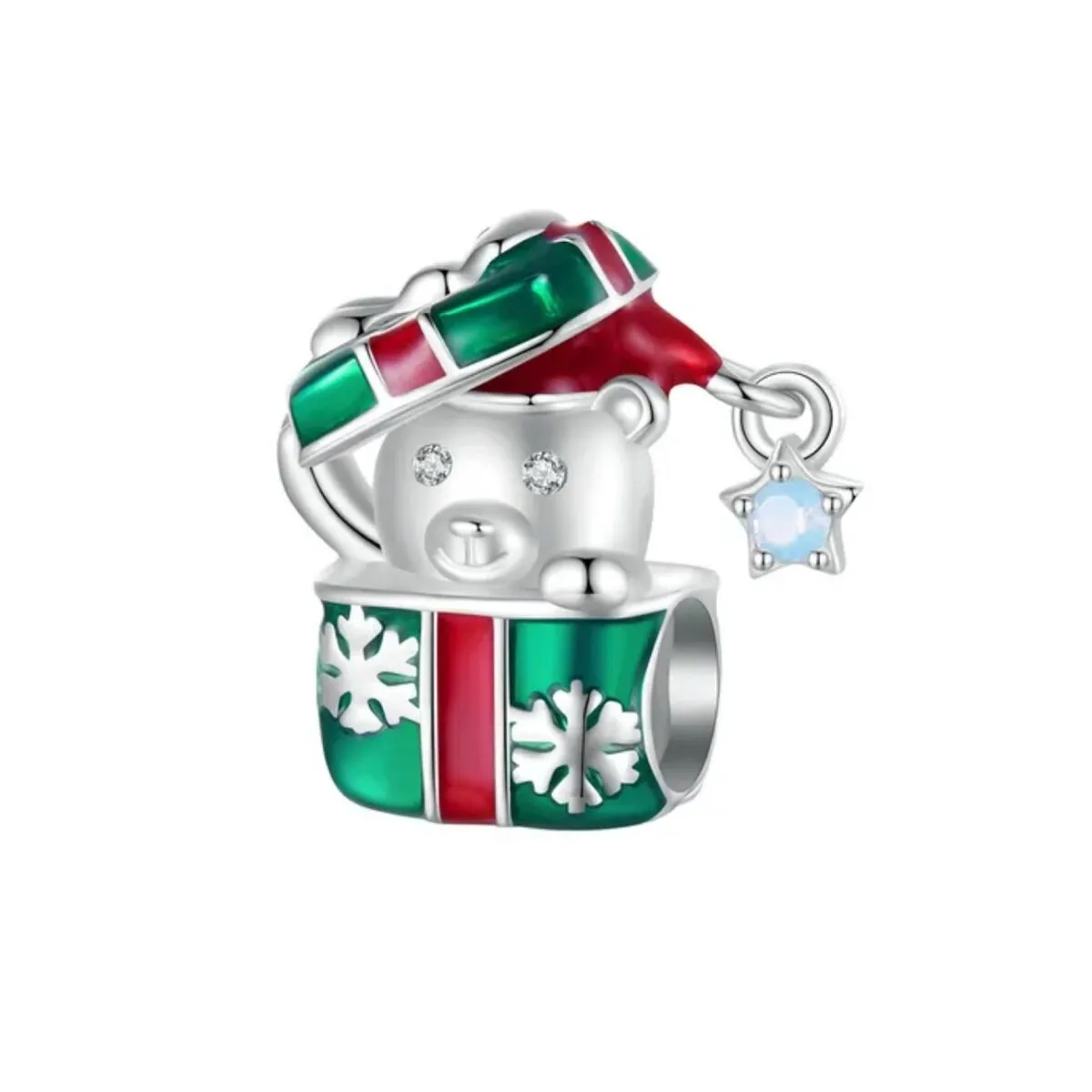 Sterling Silver Santa Hat Bear in Red & Green Present Charm sold by Zulily