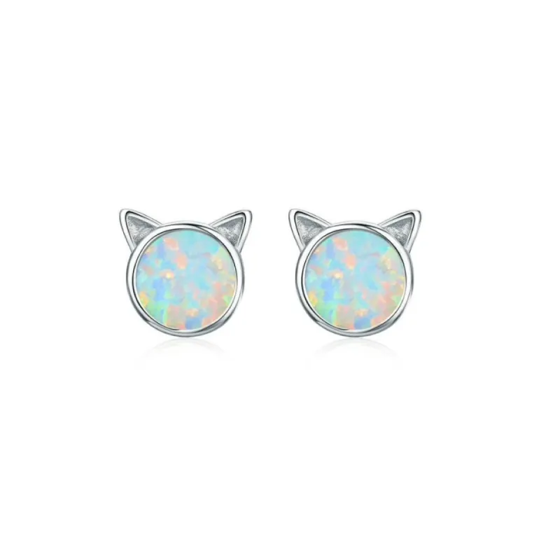 Sterling Silver White Lab Opal Cat Stud Earrings sold by Zulily