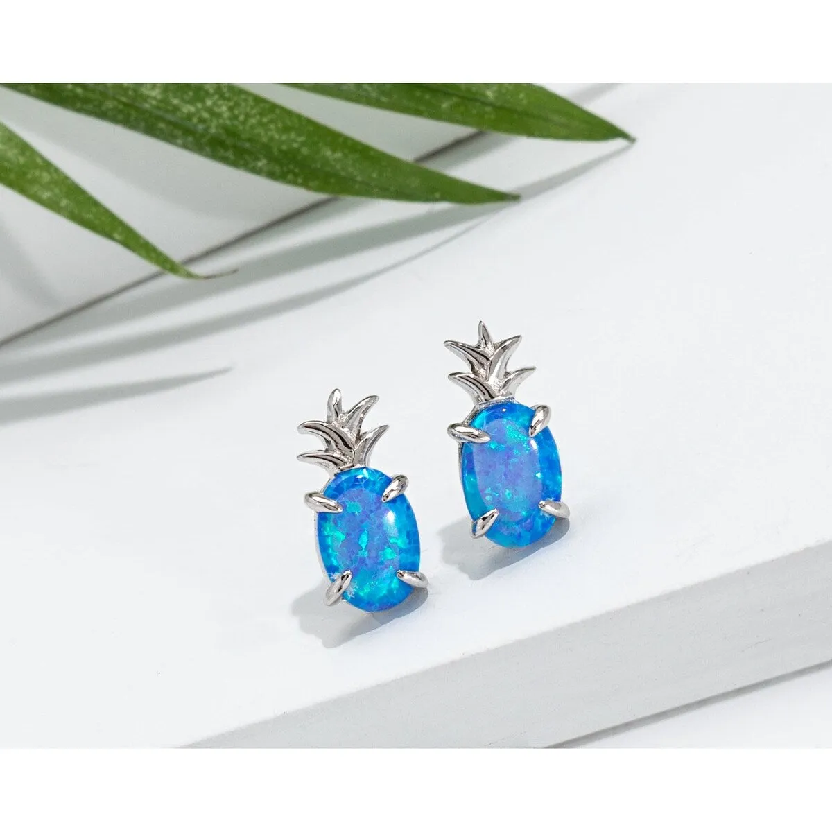 Sterling Silver Pineapple Stud Earrings with Lab-Created Blue Opal sold by Zulily