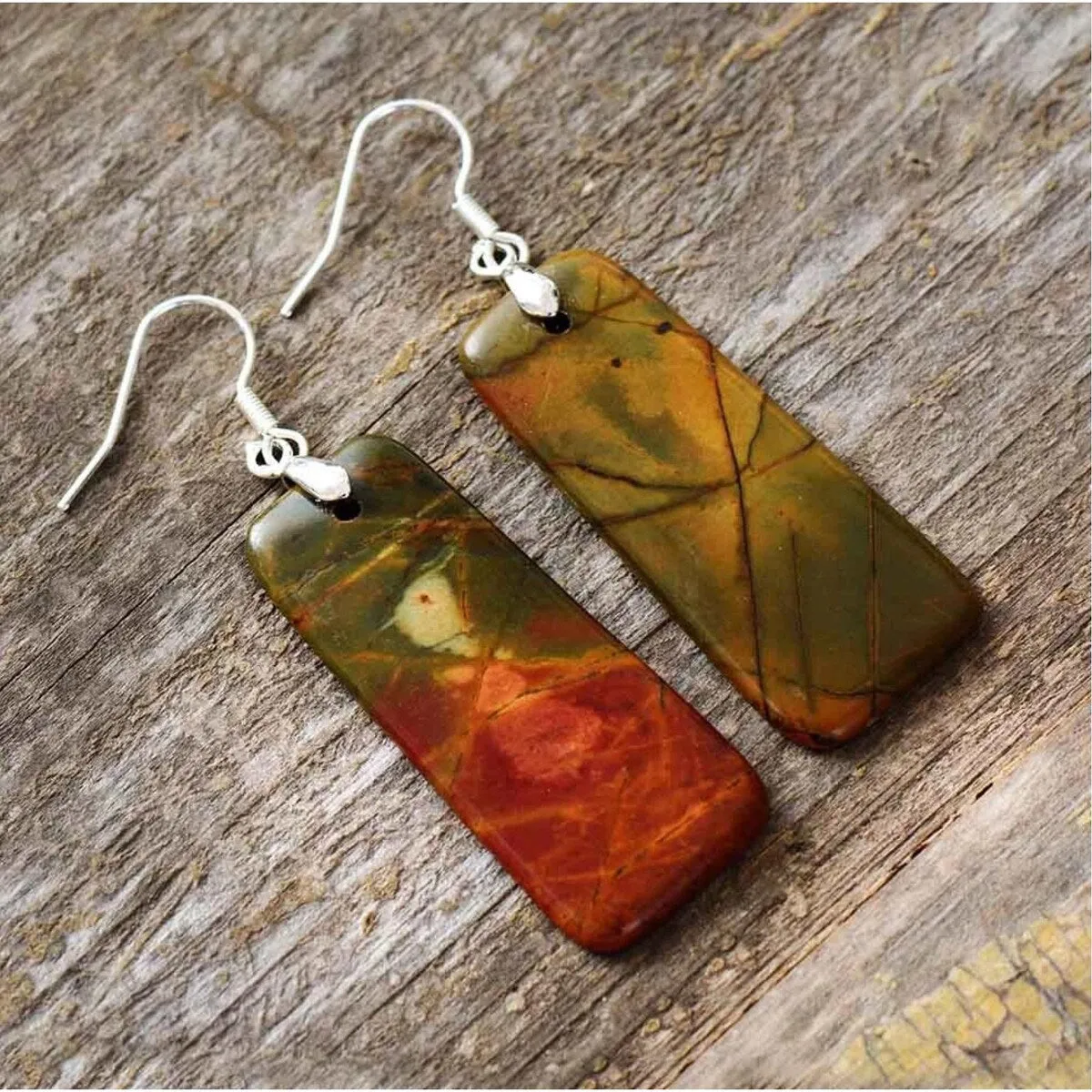 Brown Jasper & Silvertone Rectangular Drop Earrings sold by Zulily