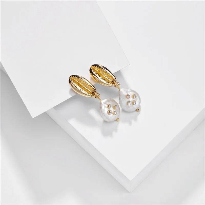 Gold Shell & Crystal Freshwater Pearl Drop Earrings sold by Zulily