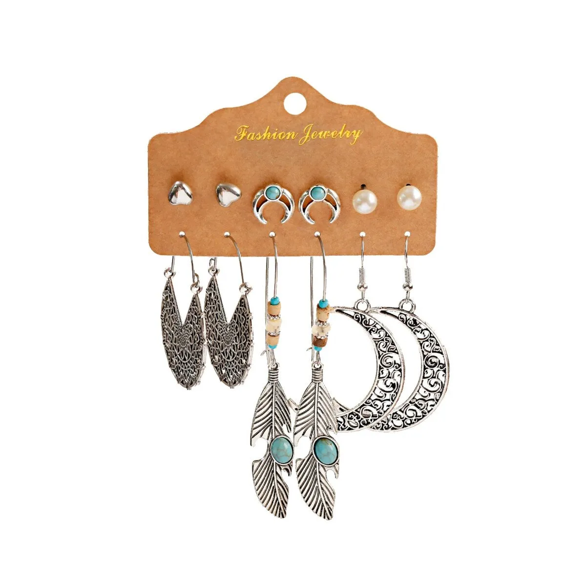 Boho Silvertone & Turquoise Feather And Crescent Moon Set Of 6 Earrings sold by Zulily