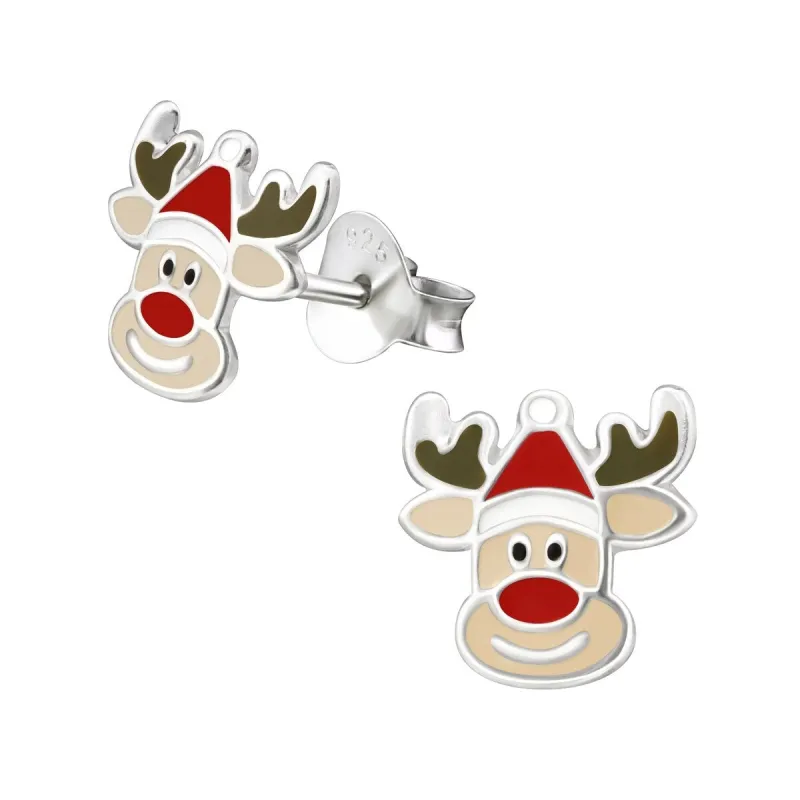Sterling Silver Happy Reindeer in Santa Hat Dainty Stud Earrings sold by Zulily