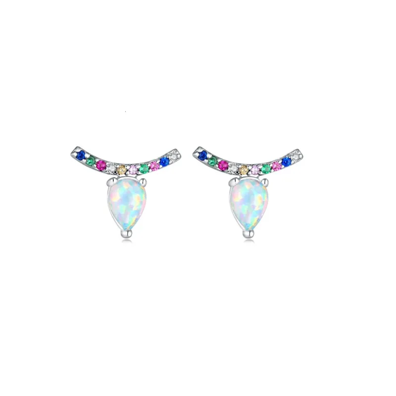 Sterling Silver & Multi-Color Cubic Zirconia Curved Bar stud Earrings with White Lab-Created Opal Teardrop sold by Zulily