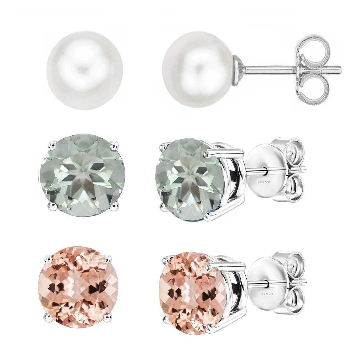 Set of 3 Sterling Silver Stud Earrings - Pearl, Morganite & Prasiolite sold by Zulily
