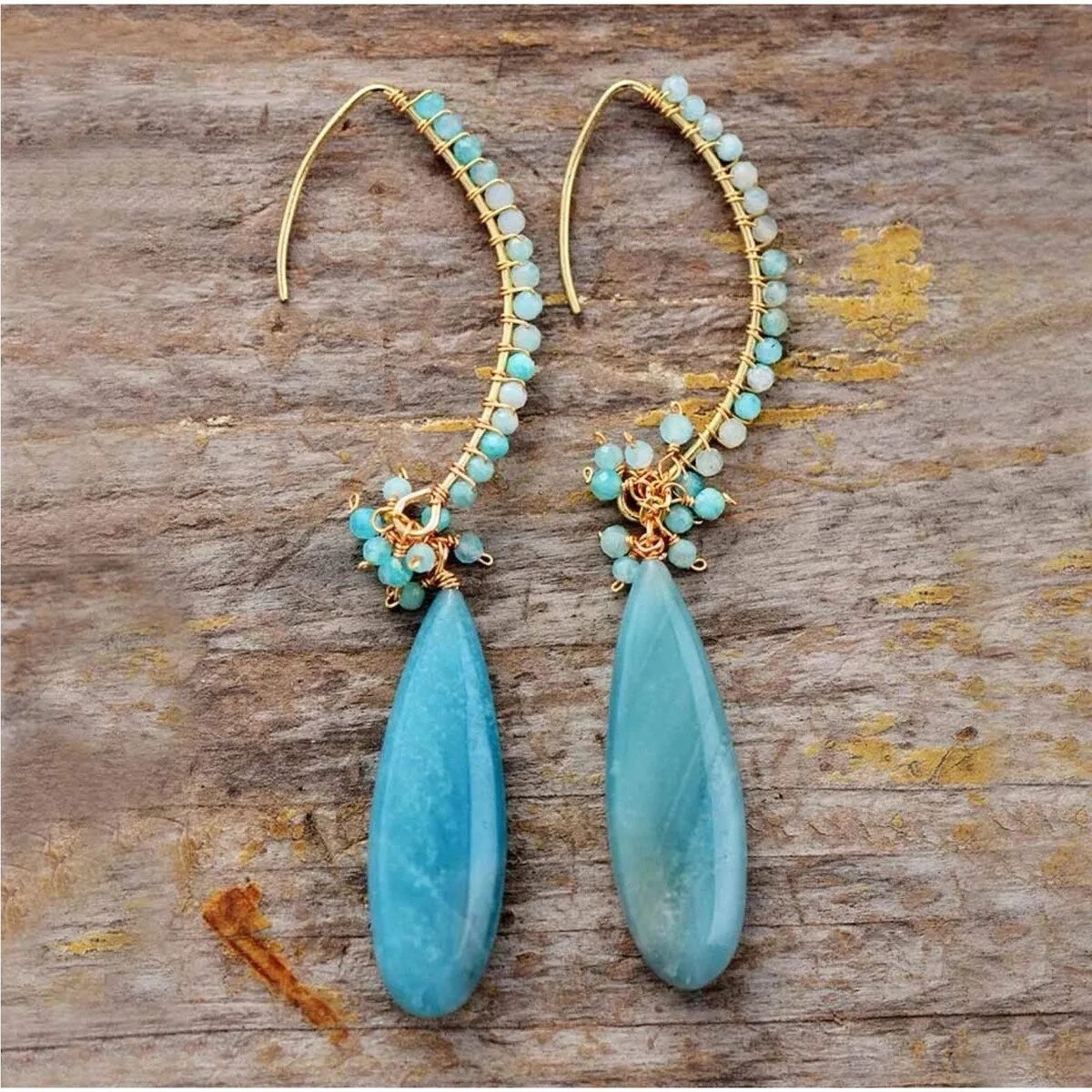 Amazonite & Goldtone Long Teardrop Earrings sold by Zulily