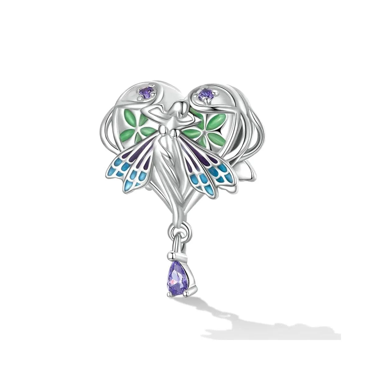 Sterling Silver Purple CZ & Green Fairy in Heart with Vines Bracelet Charm sold by Zulily
