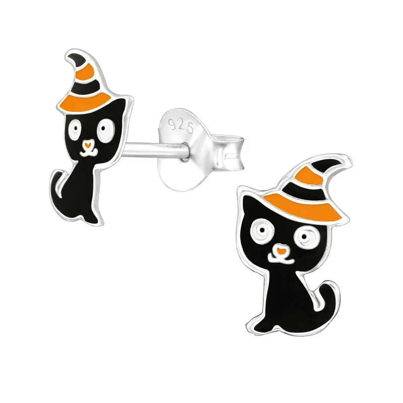 Sterling Silver Black Cat In Witch's Hat Stud Earrings sold by Zulily