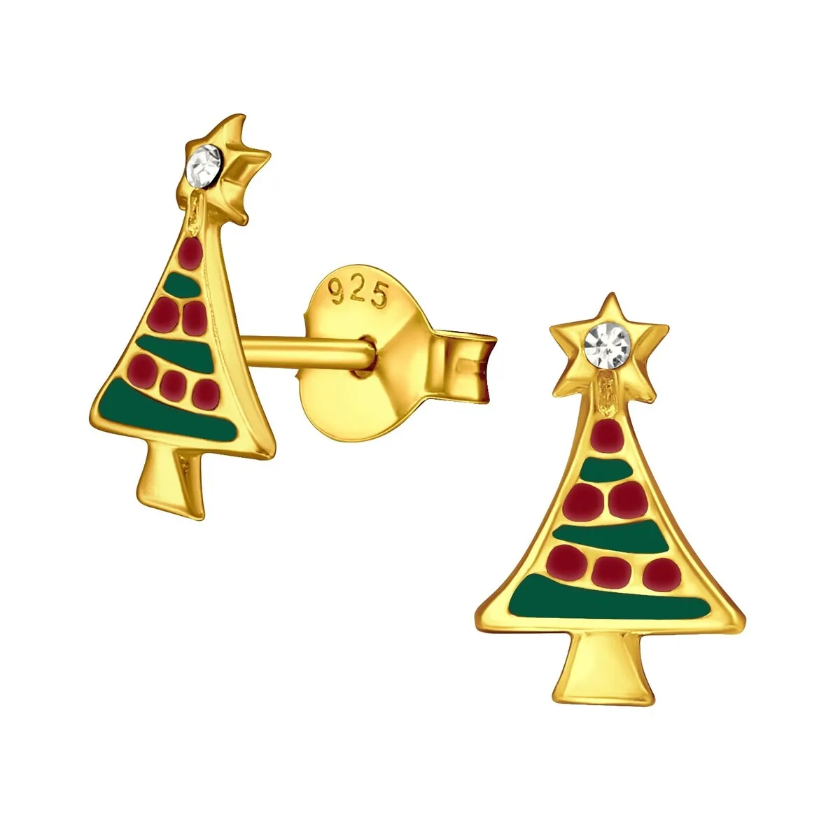 Goldtone Sterling Silver Red & Green Christmas Tree with CZ Star Dainty Stud Earrings sold by Zulily