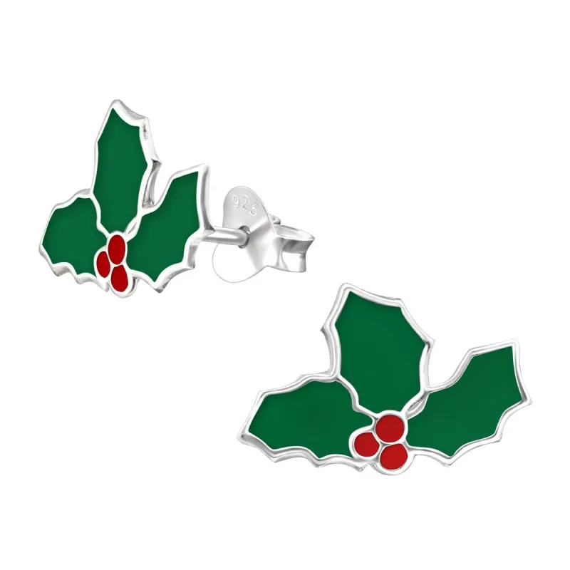 Sterling Silver Green & Red Holly Bough Dainty Stud Earrings sold by Zulily