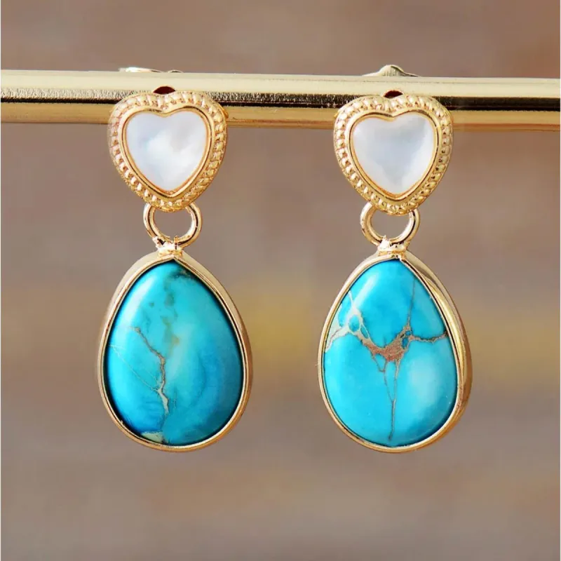 Goldtone Turquoise Jasper Teardrop & White Heart Drop Earrings sold by Zulily