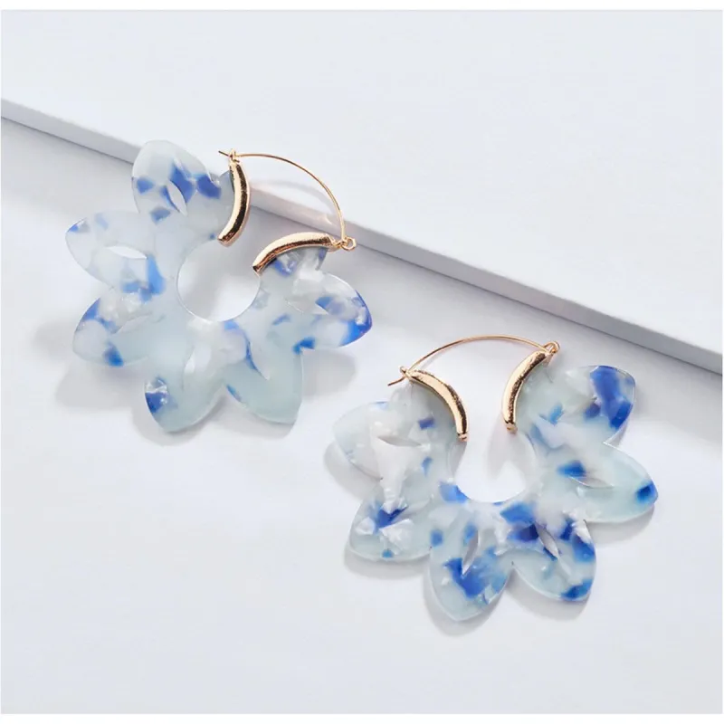 Goldtone & Blue Marbled Flower Hoop Earrings sold by Zulily