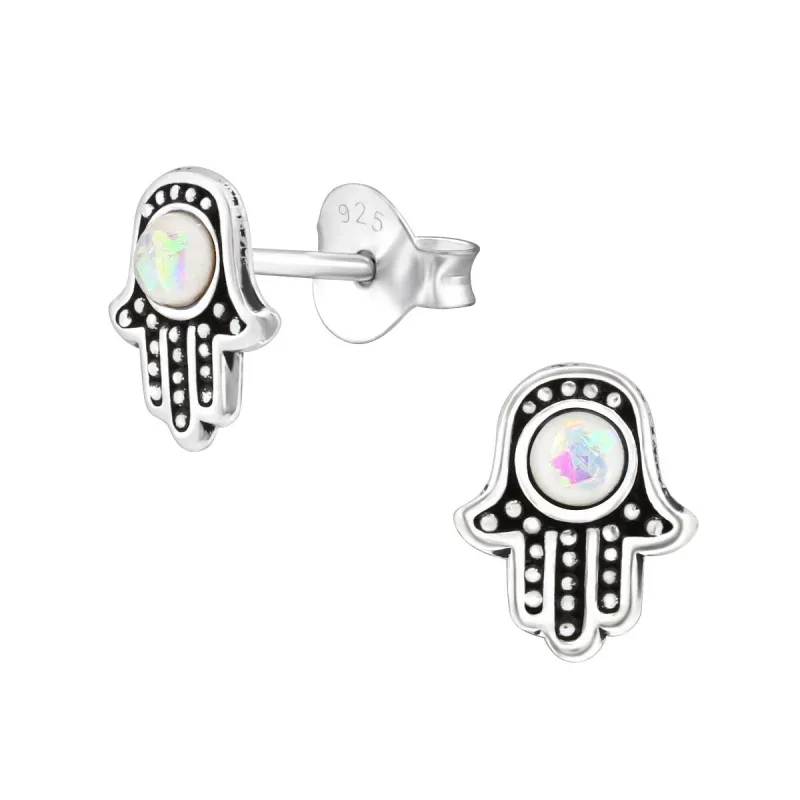 Sterling Silver Oxidized Hamsa Stud Earrings with Lab-Created White Opal sold by Zulily