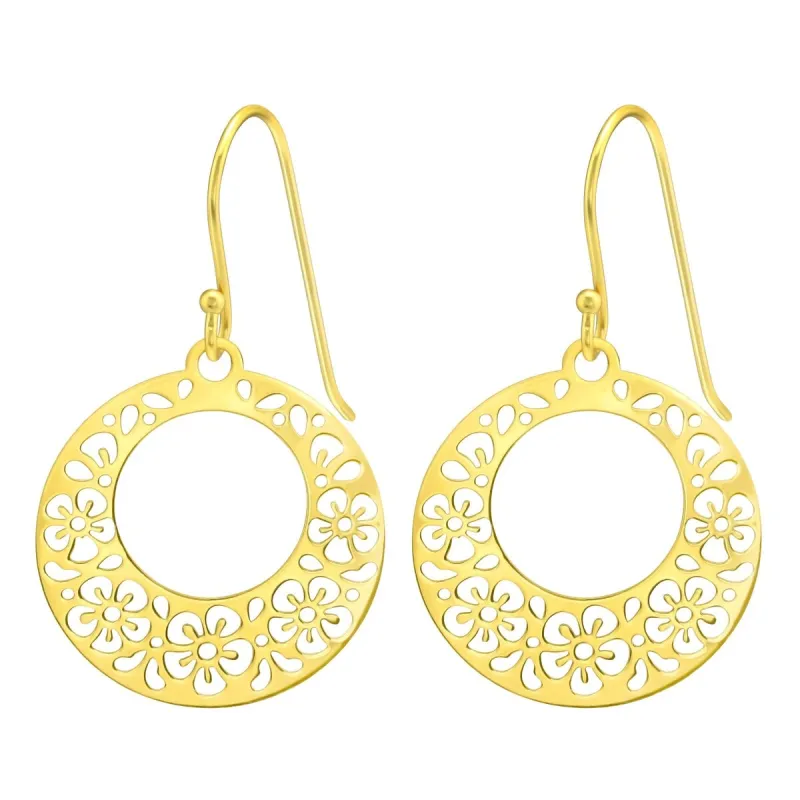 Sterling Silver 18k Gold-Plated Floral Circle Drop Earrings sold by Zulily