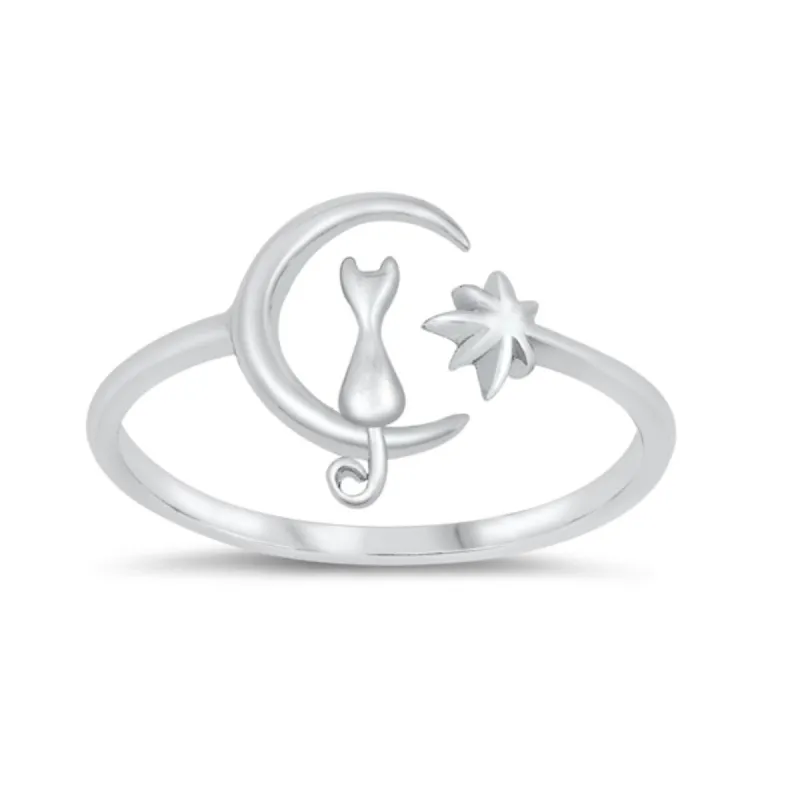 Sterling Silver Cat on Crescent Moon & Star Ring sold by Zulily