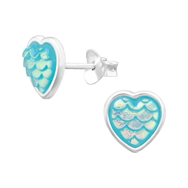 Sterling Silver Aqua Blue Resin Mermaid Scales Heart Stud Earrings sold by Zulily