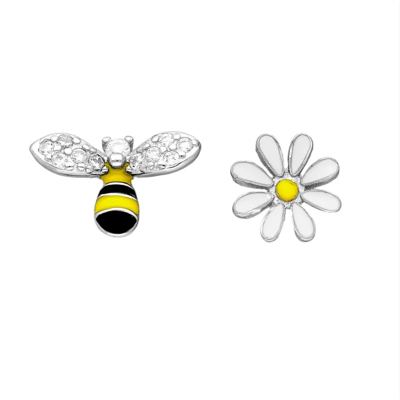 Sterling Silver Cubic Zirconia Bee And Daisy Asymmetrical Stud Earrings sold by Zulily