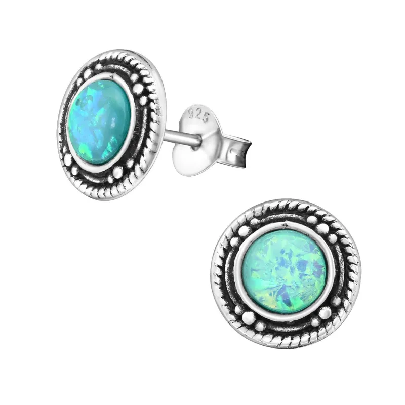 Sterling Silver Green Opal Bali Circular Stud Earrings sold by Zulily