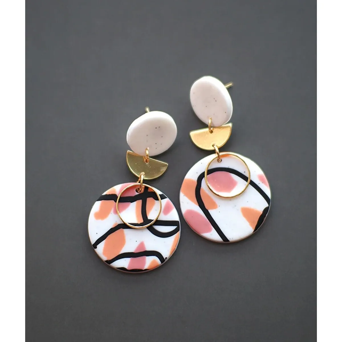 Pink, Orange & Black Abstract Circular And Goldtone Drop Earrings sold by Zulily