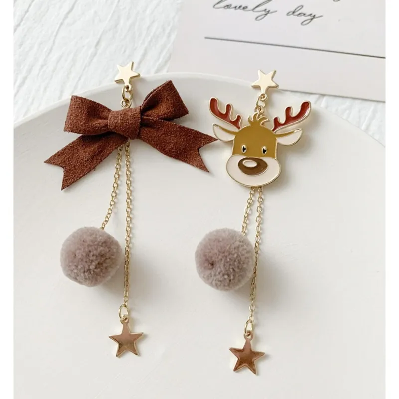 Reindeer & Brown Bow Asymmetrical Chain Pom Pom Drop Earrings sold by Zulily