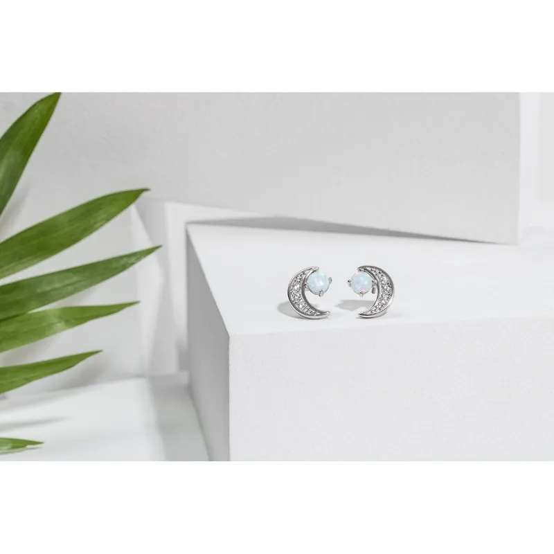 Sterling Silver Cubic Zirconia White Opal Crescent Moon Stud Earrings sold by Zulily
