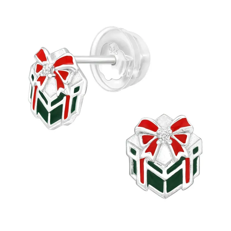Sterling Silver Green & Red Wrapped Present with CZ Dainty Stud Earrings sold by Zulily