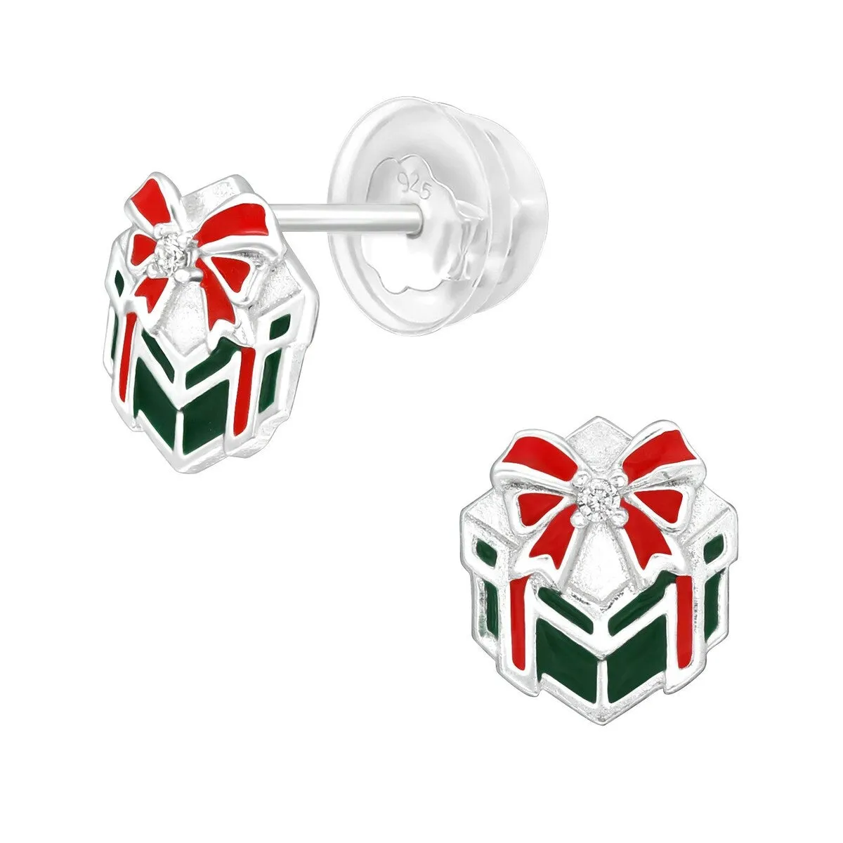 Sterling Silver Green & Red Wrapped Present with CZ Dainty Stud Earrings sold by Zulily