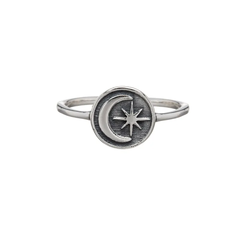 Sterling Silver Blacked Out Moon & Sun Ring sold by Zulily