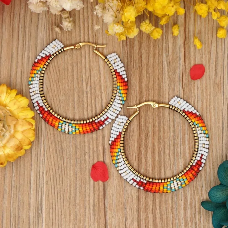 Red & White Miyuki Seed Bead Hoop Earrings made by Zulily