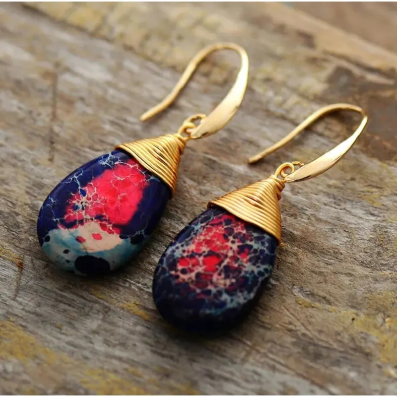 Goldtone Navy & Red Jasper Teardrop Drop Earrings sold by Zulily