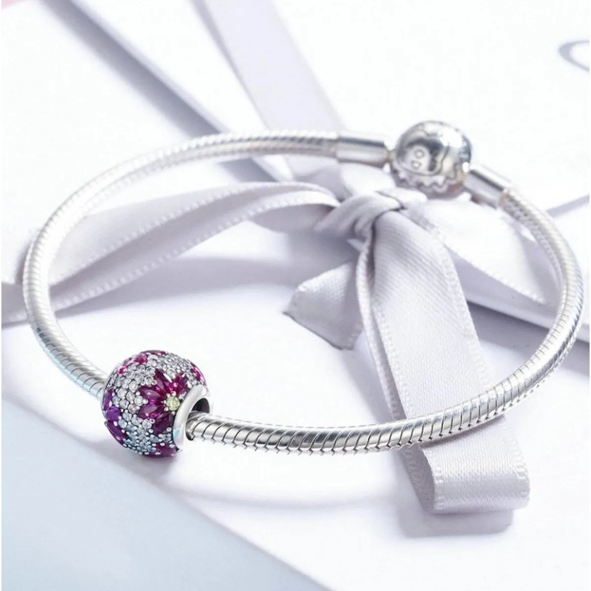 Sterling Silver Clear & Fuschia CZ Floral Pave Bracelet Charm sold by Zulily product image thumbnail 2
