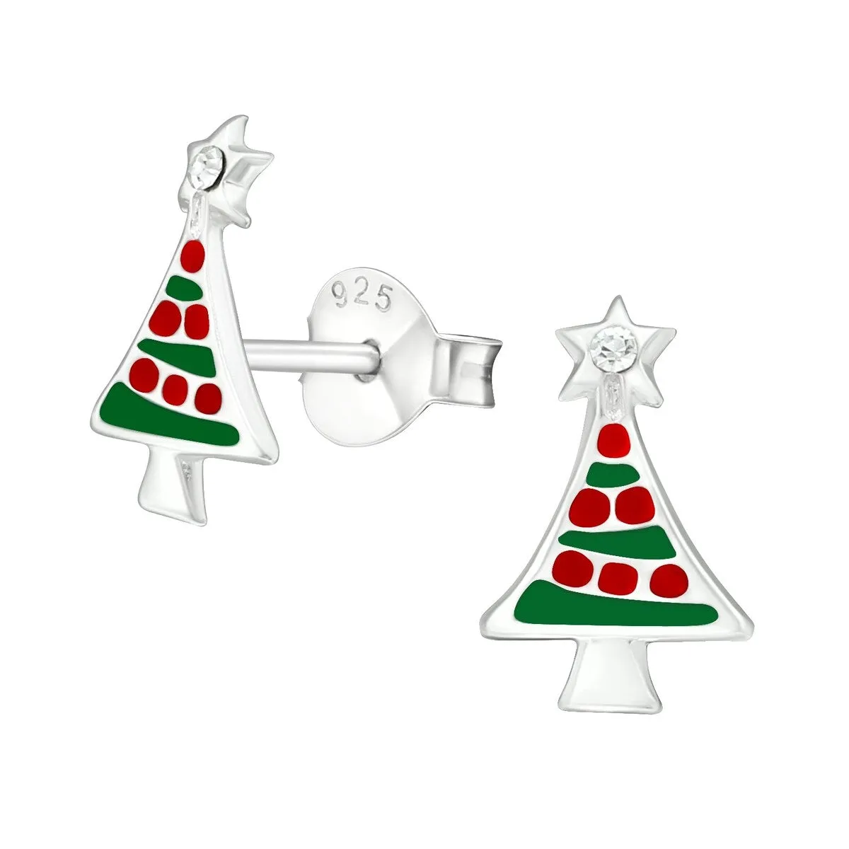 Sterling Silver Red & Green Christmas Tree with CZ Star Dainty Stud Earrings sold by Zulily