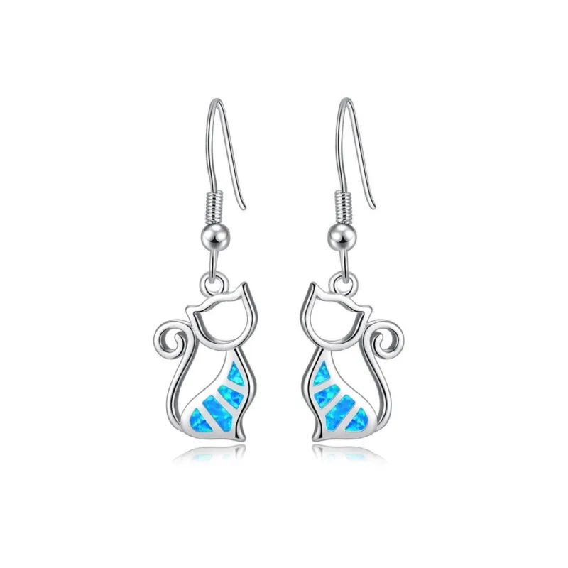 Sterling Silver Cat Drop Earrings with Blue Lab-Created Opal sold by Zulily
