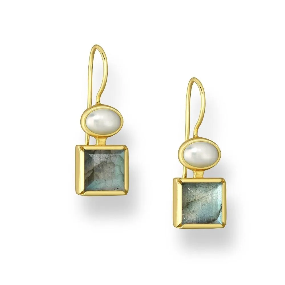 Gold Plated Sterling Silver Freshwater Pearl & Square Labradorite Drop Earrings sold by Zulily