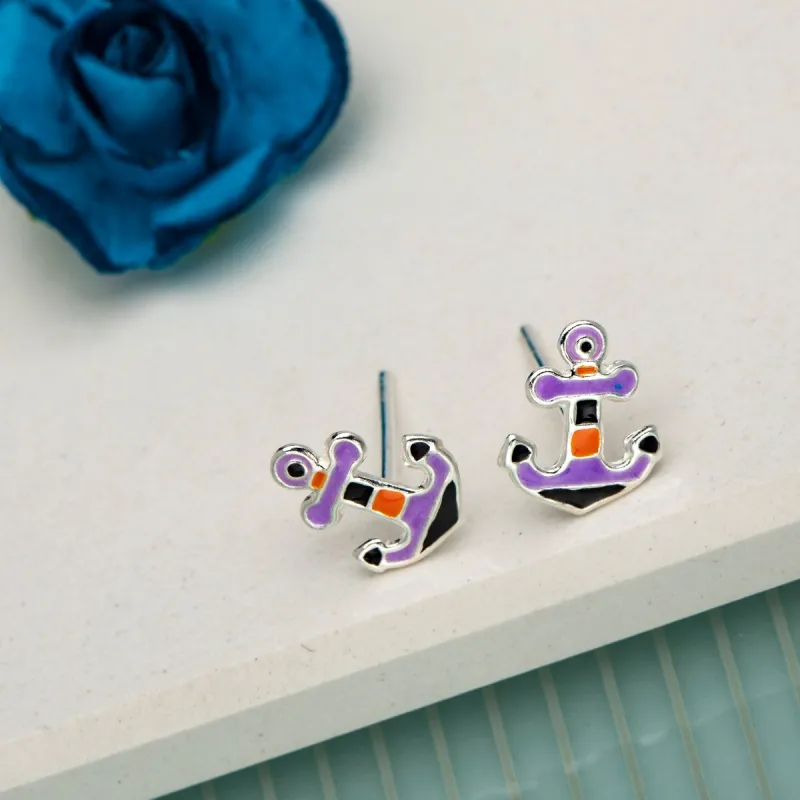 Purple Black Sterling Silver Anchor Stud Earrings sold by Zulily