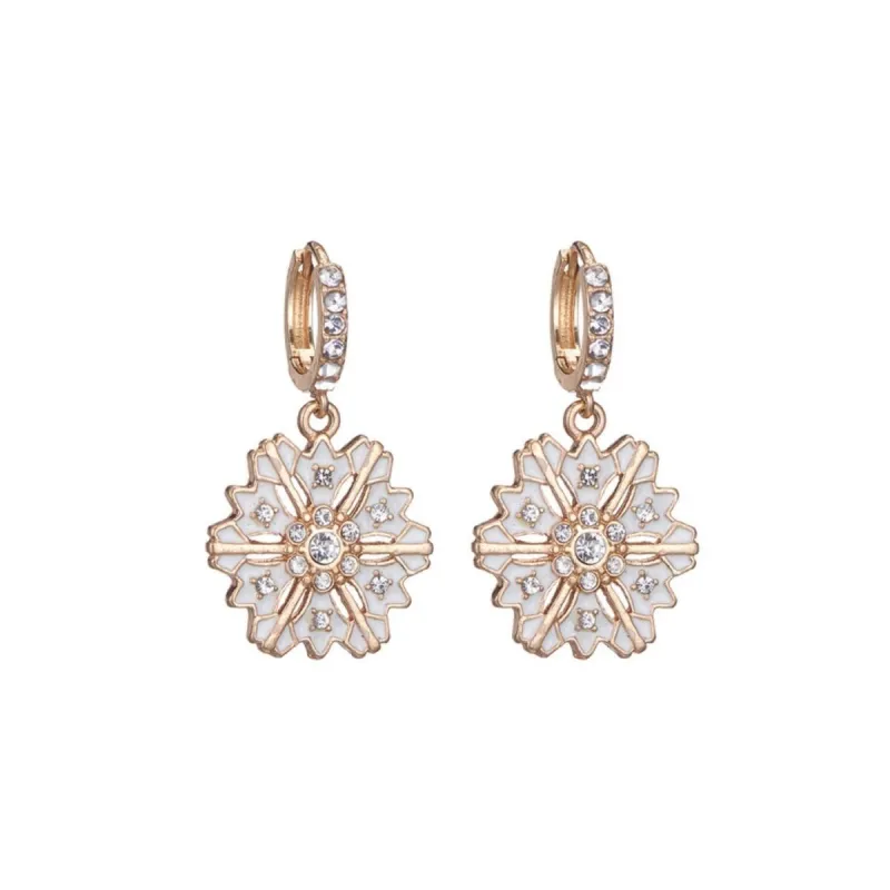 Goldtone & White Crystal Snowflake Huggie Earrings sold by Zulily
