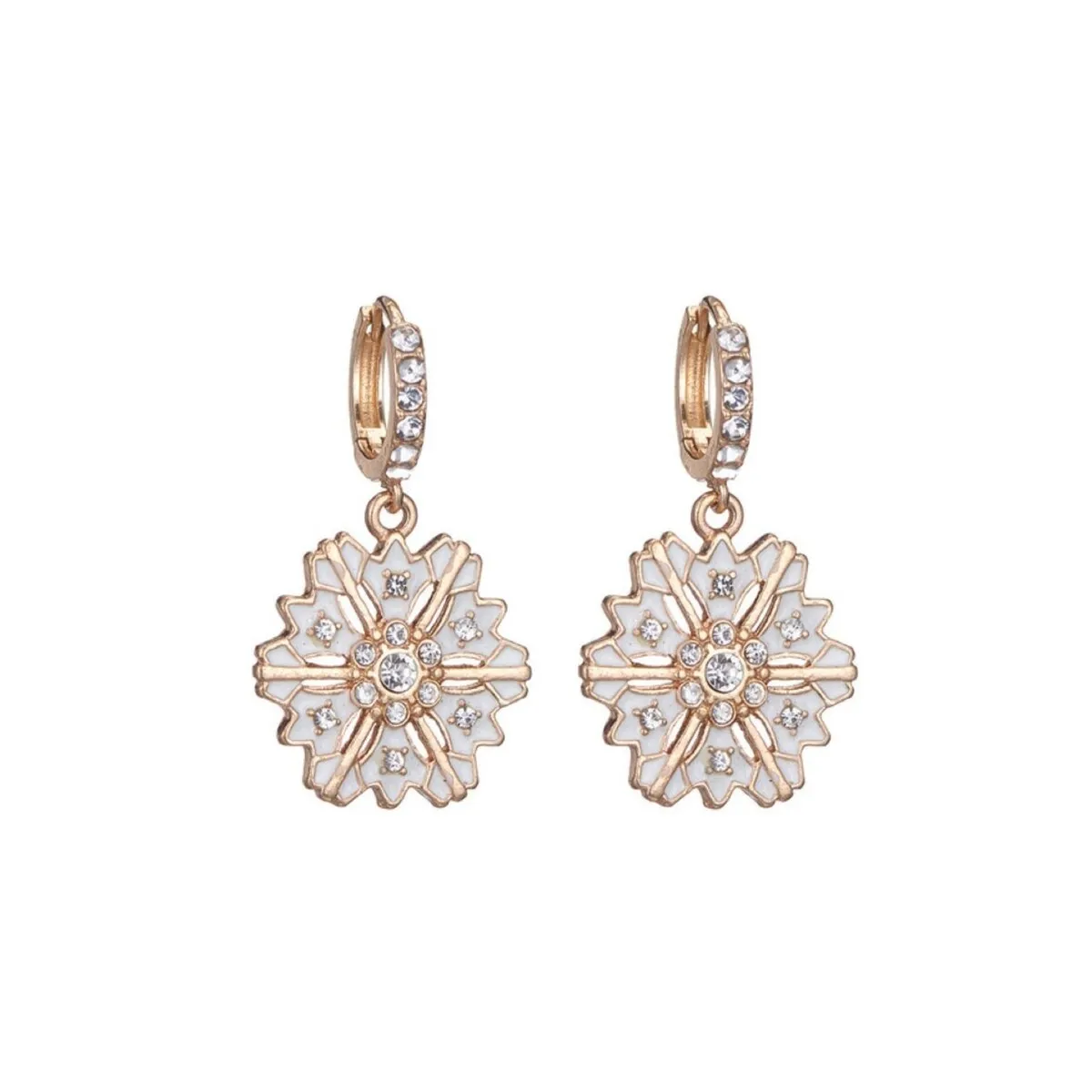 Goldtone & White Crystal Snowflake Huggie Earrings sold by Zulily