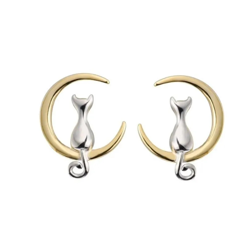 Gold Plated Sterling Silver Two Toned Cat on Moon Earrings sold by Zulily