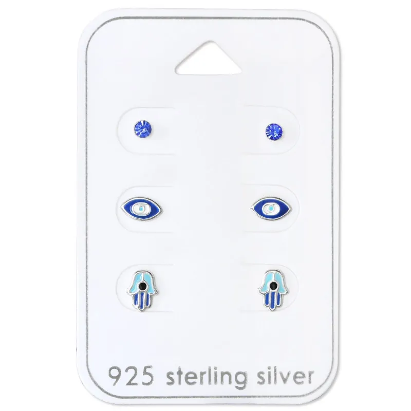 Sterling Silver Blue Hamsa, Stud Eye Stud Earring Set sold by Zulily