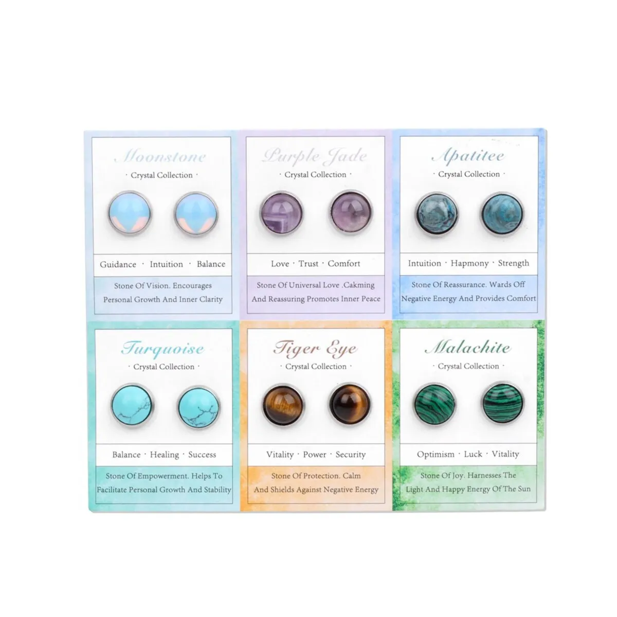 Gemstone Set of 6 Circular Stud Earrings: Moonstone, Purple Jade, Apatite, Turquoise, Tiger's Eye & Malachite sold by Zulily