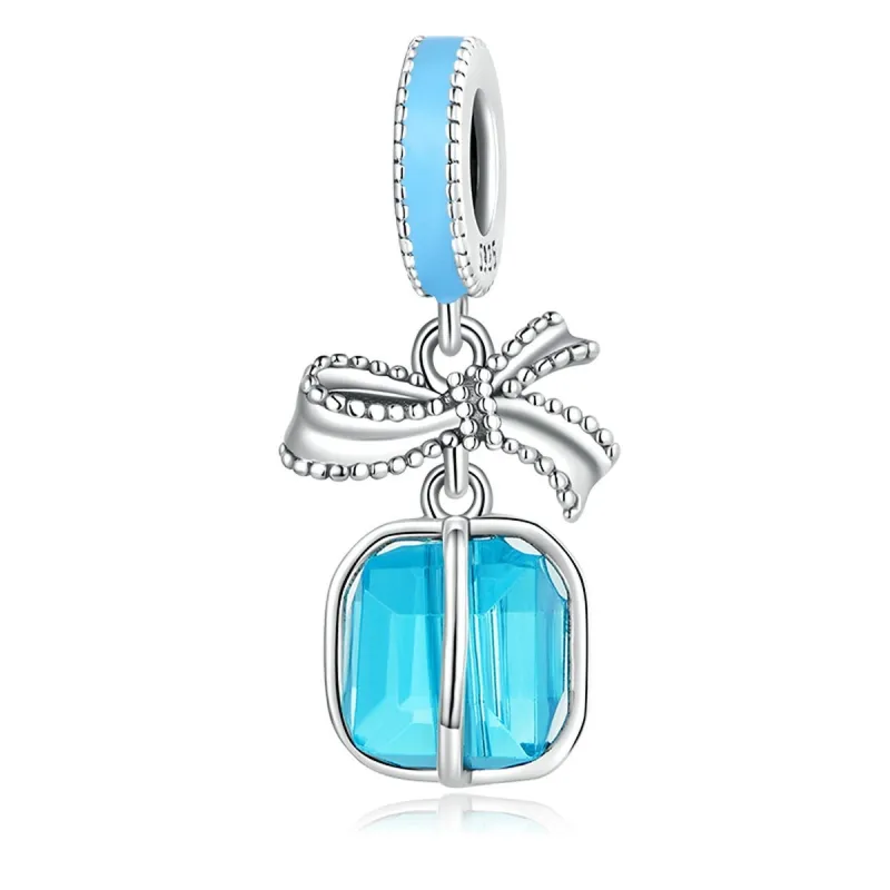Aqua Blue Cubic Zirconia & Sterling Silver Square & Bow Charm sold by Zulily