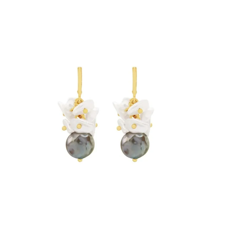 Goldtone White Flower & Grey Pearl Drop Earrings sold by Zulily