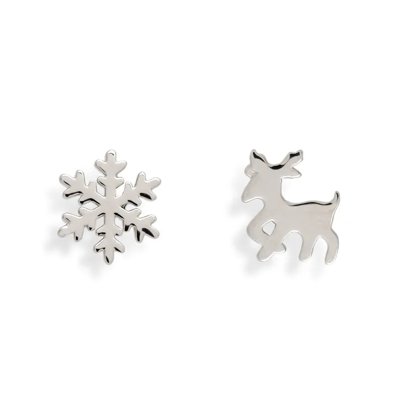 Sterling Silver Asymmetrical Snowflake & Deer Stud Earrings sold by Zulily