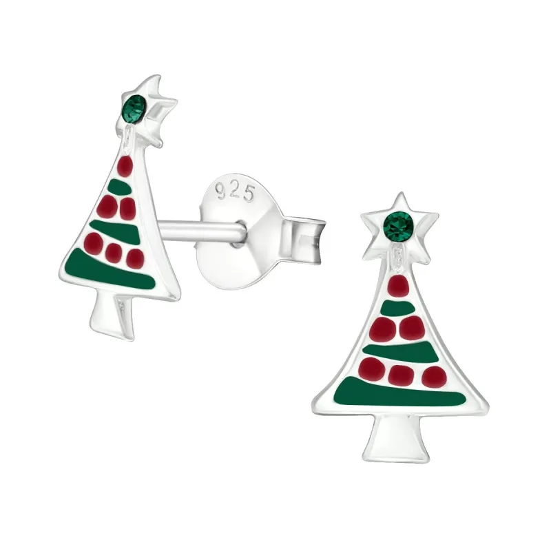 Sterling Silver Red & Green Christmas Tree with Green CZ Star Dainty Stud Earrings sold by Zulily