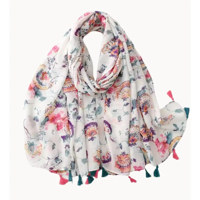 White and Watercolor Motif Scarf with Pink and Teal Tassel sold by Zulily